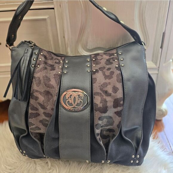 Vintage RARE Sharif Black and Gray Shoulder Bag with Metallic Emblem - Picture 2 of 16